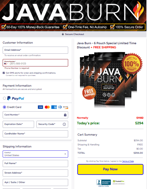 java burn Checkout page